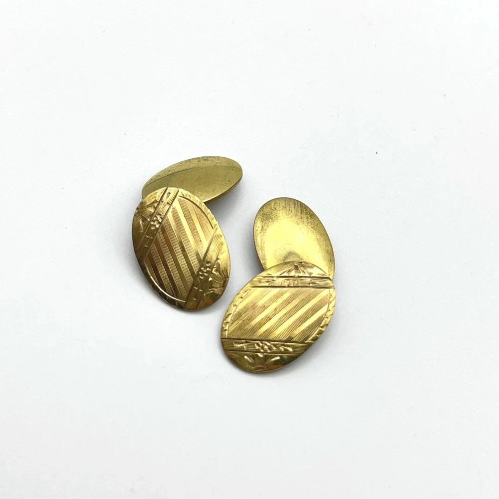 Vintage S&S‎ Gold Tone Etched Oval Double Sided Cufflinks Striped Floral Pattern